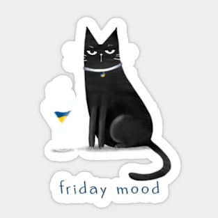 Cartoon black cat with a glass of Ukrainian martini and the inscription "Friday mood". Sticker